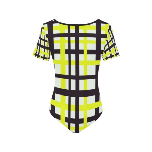 Interlocking Stripes Black White Yellow Women's Short Sleeve Bodysuit