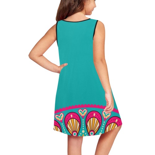 Vibrant Teal Colorful Border Party Dress Girls' Sleeveless Dress (Model D58)