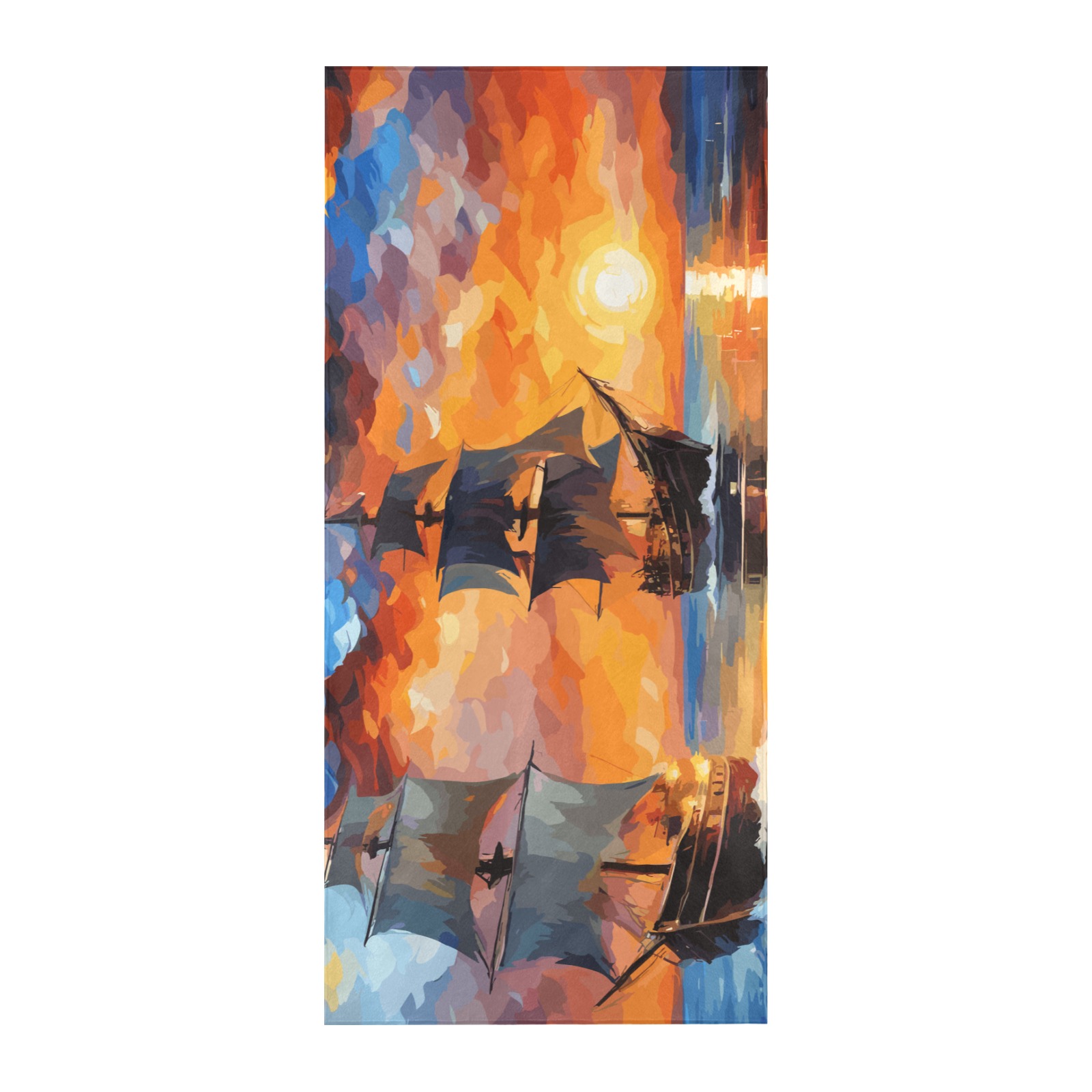 Two pirate ships sail by the island at sunset. Beach Towel 32"x 71"
