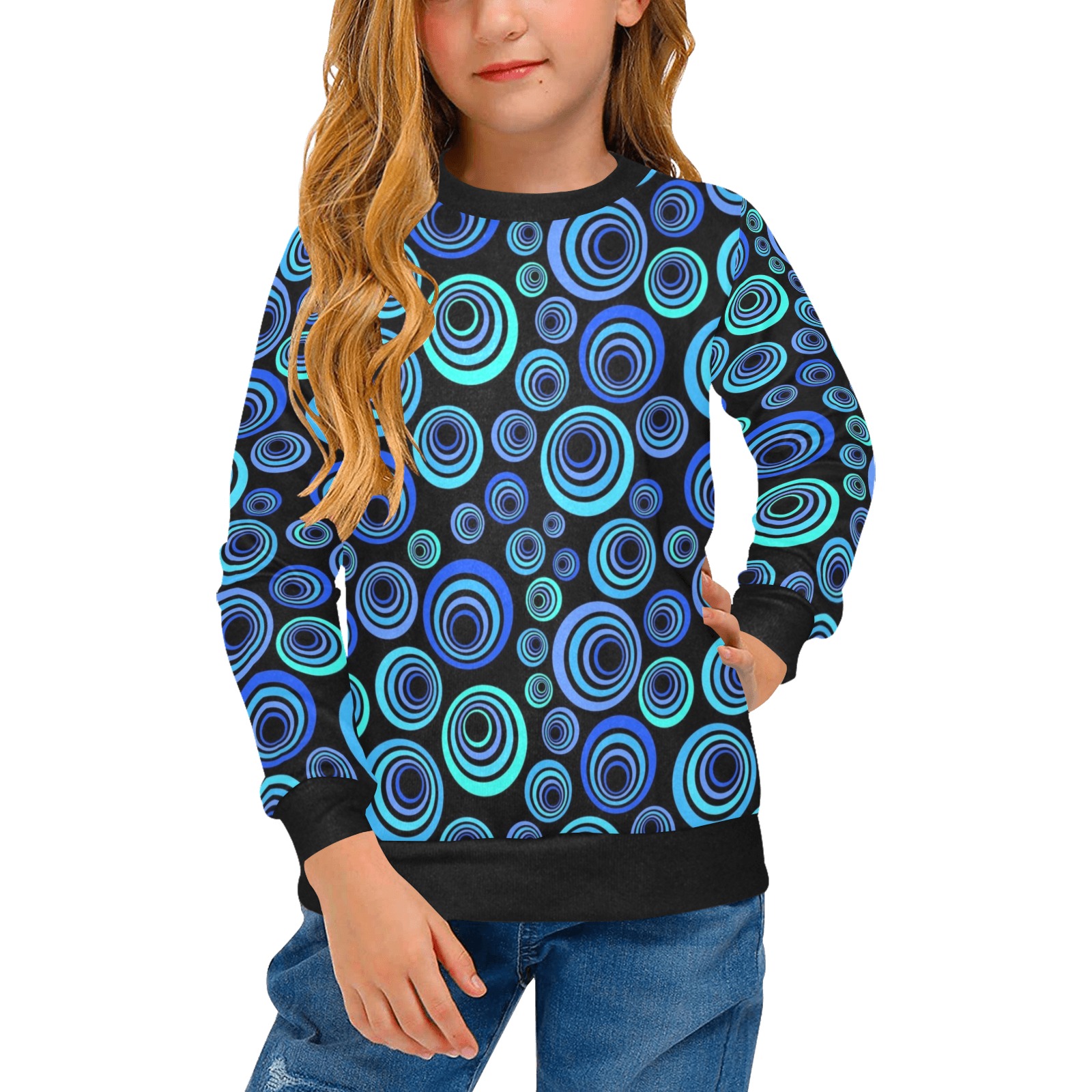 Retro Psychedelic Pretty Blue Pattern Girls' All Over Print Crew Neck Sweater (Model H49)