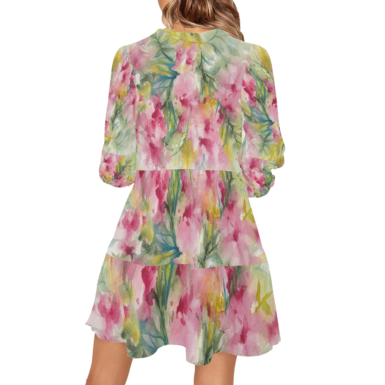 Pink Dreamy Floral Watercolor V-Neck Loose Fit Dress (Model D62)