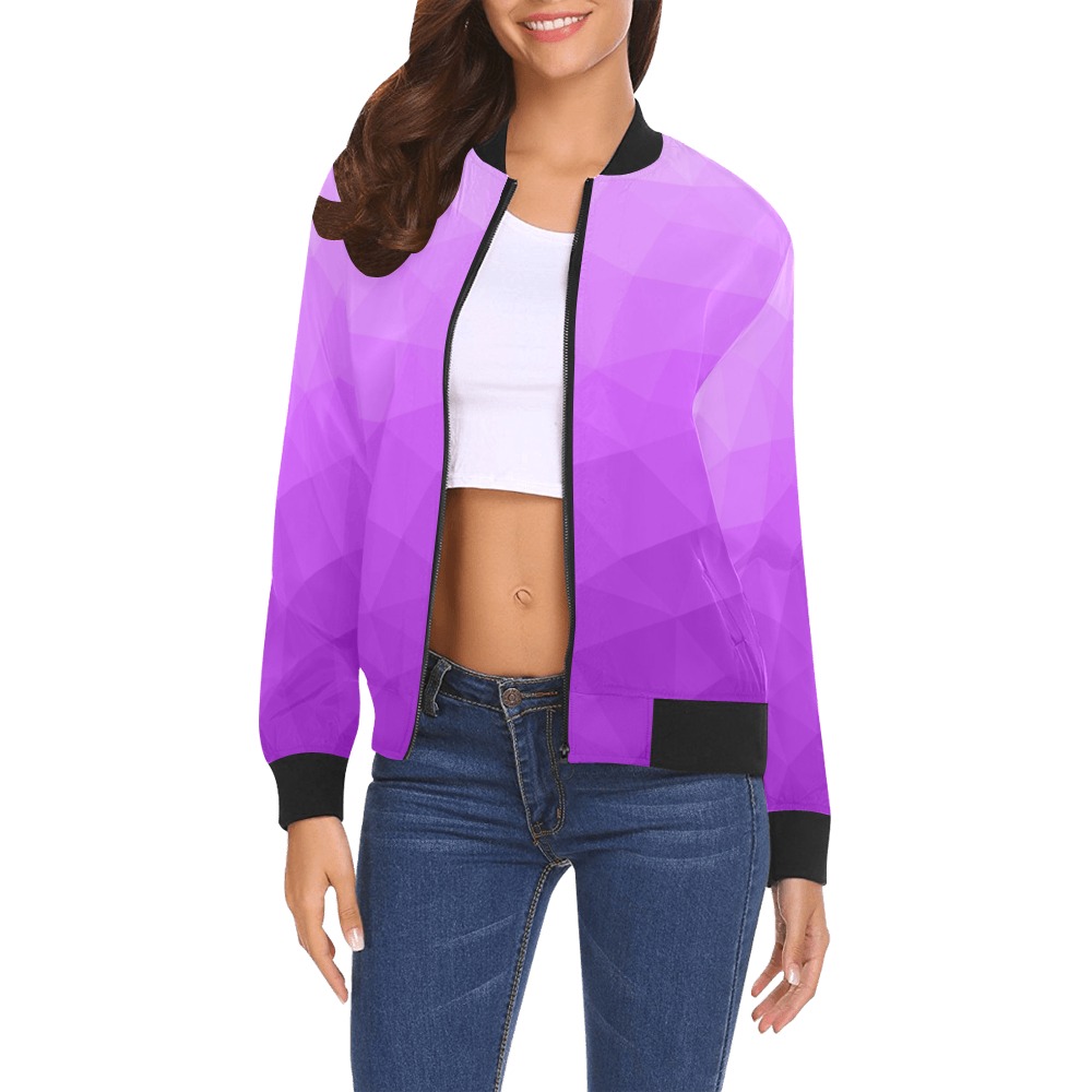 Purple gradient geometric mesh pattern All Over Print Bomber Jacket for Women (Model H19)