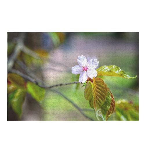 One sakura cherry flowers on a tree in spring. 1000-Piece Wooden Jigsaw Puzzle (Horizontal)