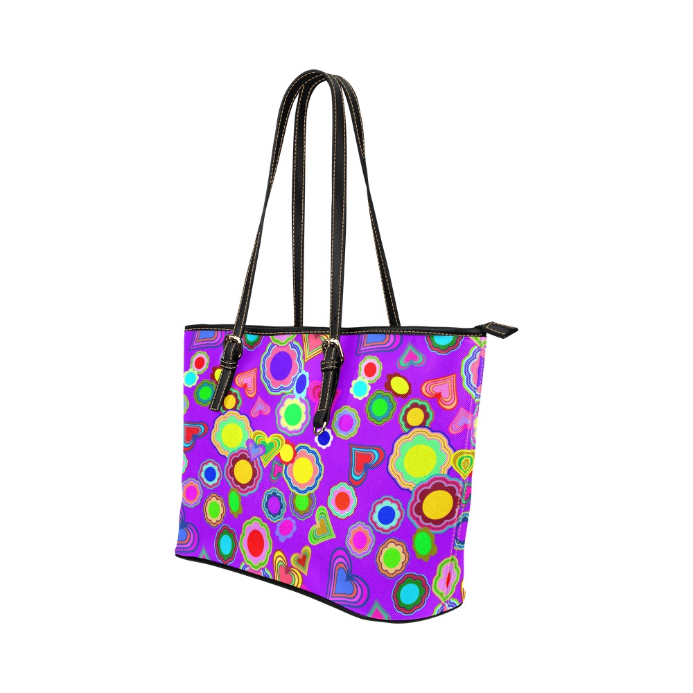 Groovy Hearts and Flowers Purple Leather Tote Bag/Large (Model 1651)