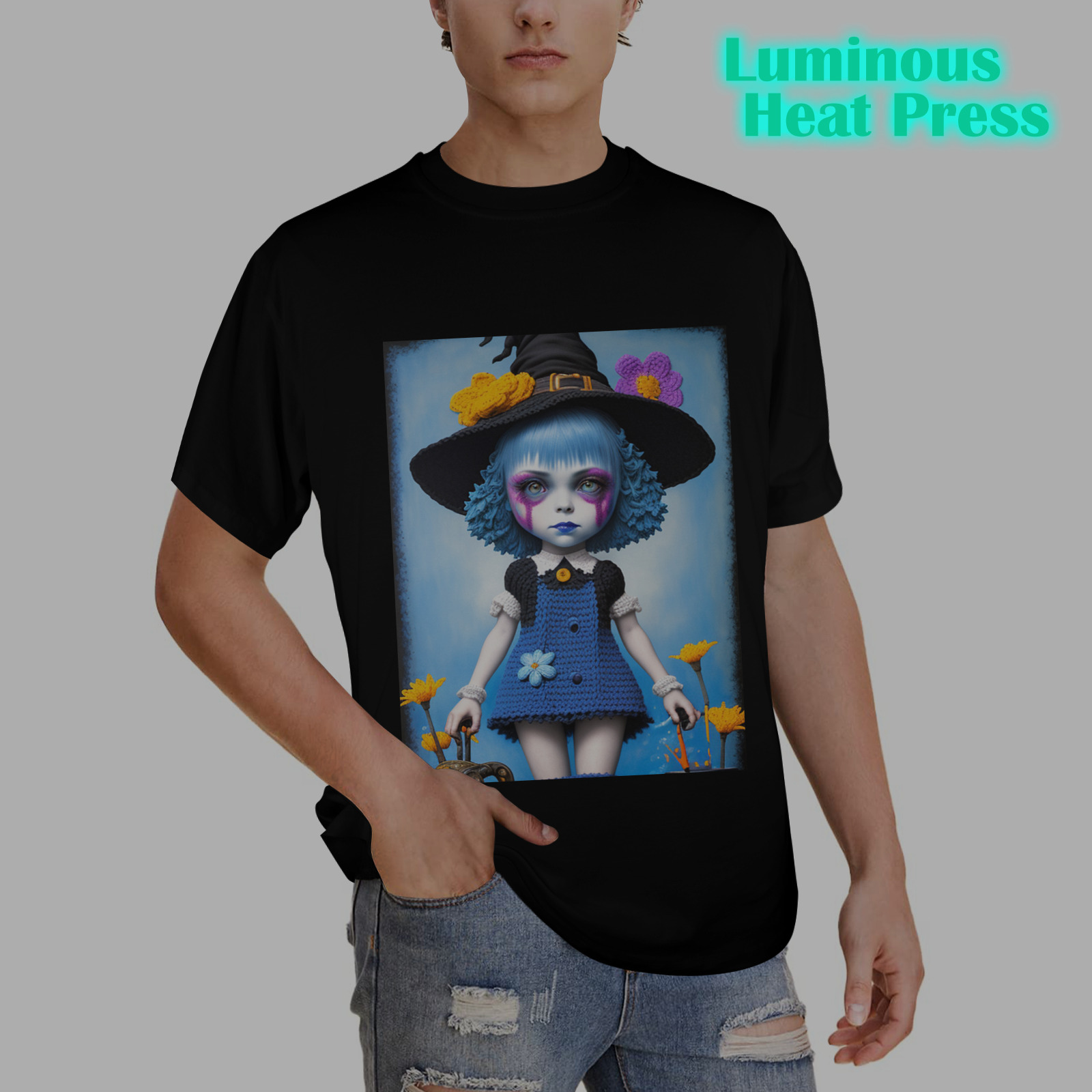 halloween  witch girl with crochet clothes 2 Men's Glow in the Dark T-shirt (Front Printing)