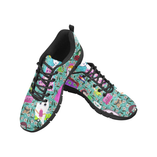 blue denim and drawings daisies aqua Women's Breathable Running Shoes (Model 055)
