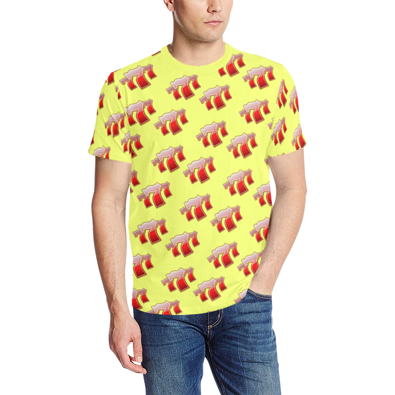 Las Vegas Lucky Sevens 777 / Yellow Men's All Over Print T-Shirt (Solid Color Neck) (Model T63)