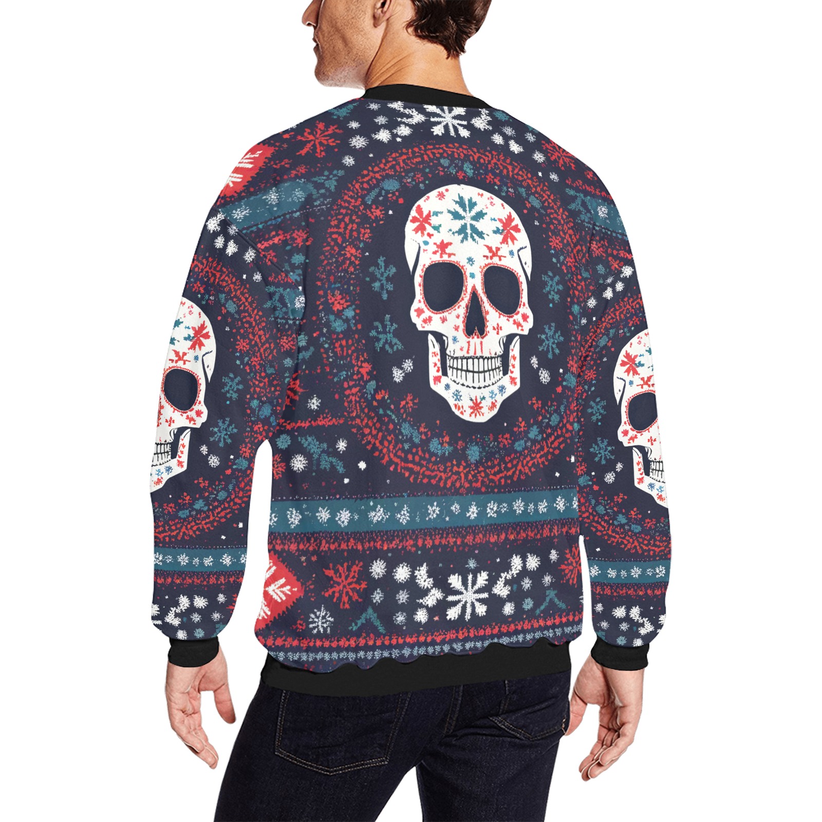 Red, blue, white winter pattern with a skull art. Men's Oversized Fleece Crew Sweatshirt (Model H18)