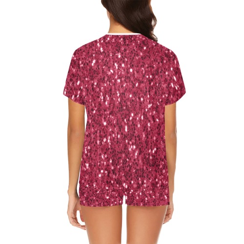 Magenta dark pink red faux sparkles glitter Women's Short Pajama Set