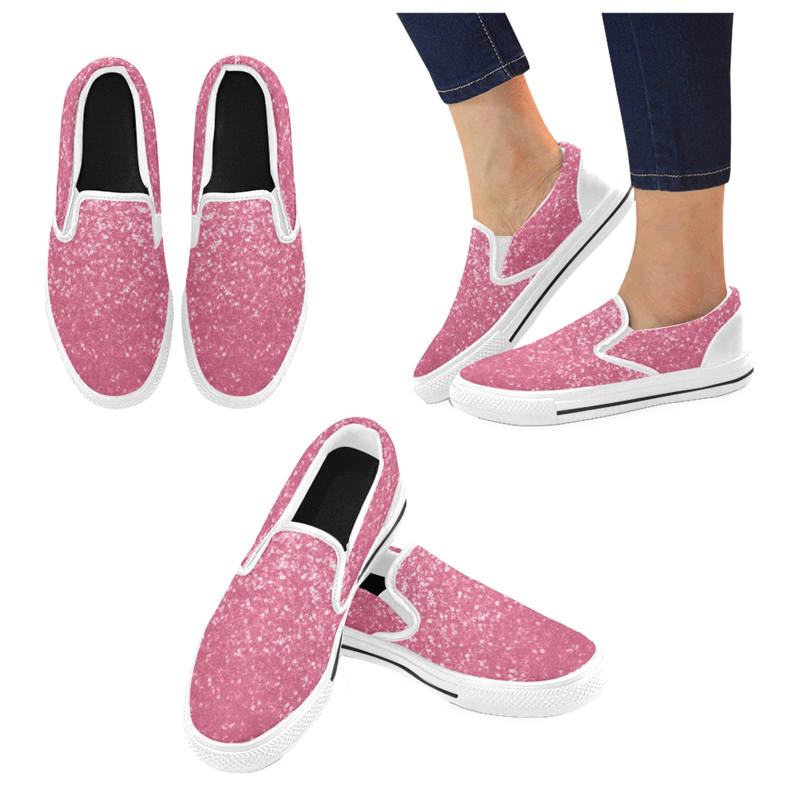 Magenta light pink red faux sparkles glitter Slip-on Canvas Shoes for Kid (Model 019)