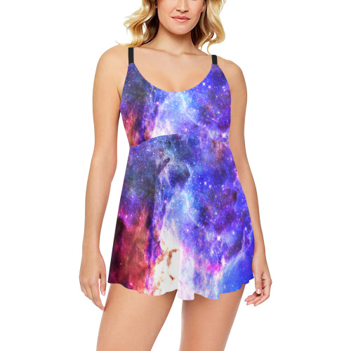 Mystical fantasy deep galaxy space - Interstellar cosmic dust Chest Pleat Swim Dress (Model S31)
