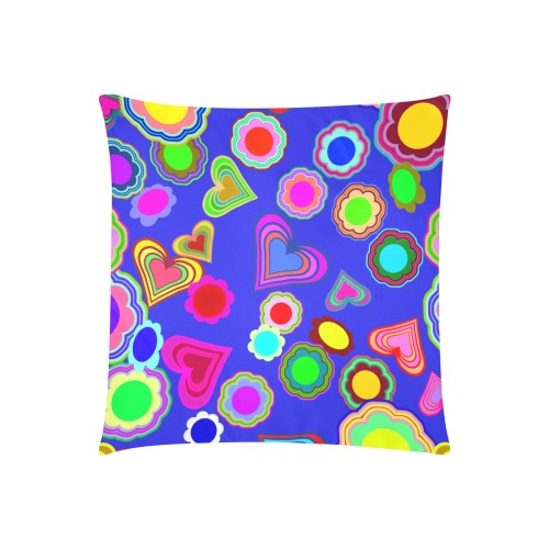 Groovy Hearts Flowers Pattern Blue Custom Zippered Pillow Cases 20"x20" (Two Sides)
