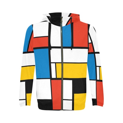 Mondrian De Stijl Modern All Over Print Full Zip Hoodie for Men (Model H14)