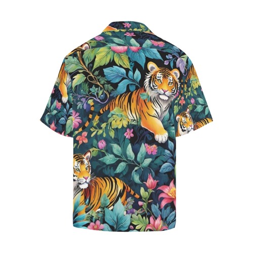 Jungle Tigers and Tropical Flowers Pattern Hawaiian Shirt with Merged Design (Model T58)