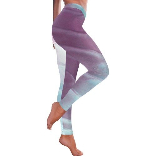 Turquoise and purple paint waves Women's Low Rise Leggings (Invisible Stitch) (Model L05)