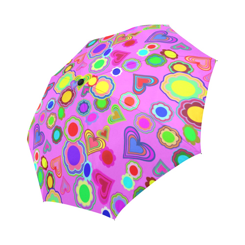 Groovy Hearts and Flowers Pink Auto-Foldable Umbrella (Model U04)