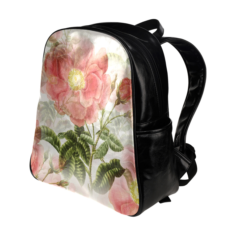 Vintage Red Rose Garden Pattern Multi-Pockets Backpack (Model 1636)