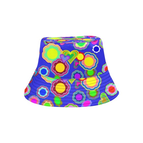 Groovy Hearts and Flowers Blue All Over Print Bucket Hat