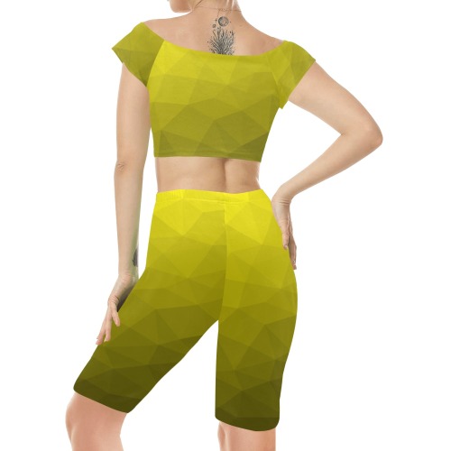 Yellow gradient geometric mesh pattern Women's Crop Top Yoga Set