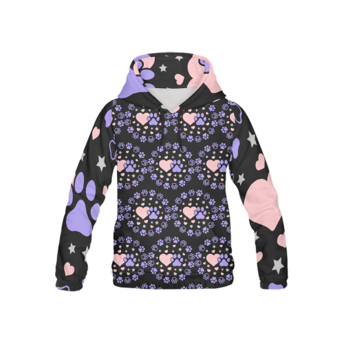 Pink and Purple Dog Cat Pet Lovers Hearts and Stars Paw Print Design All Over Print Hoodie for Kid (USA Size) (Model H13)
