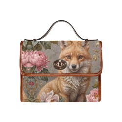 Pink Flower Fox Satchel Handbag Waterproof Canvas Bag-Brown (All Over Print) (Model 1641)