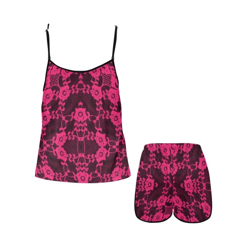 Ô Fuscia Pink Lace on Black Women's Spaghetti Strap Short Pajama Set