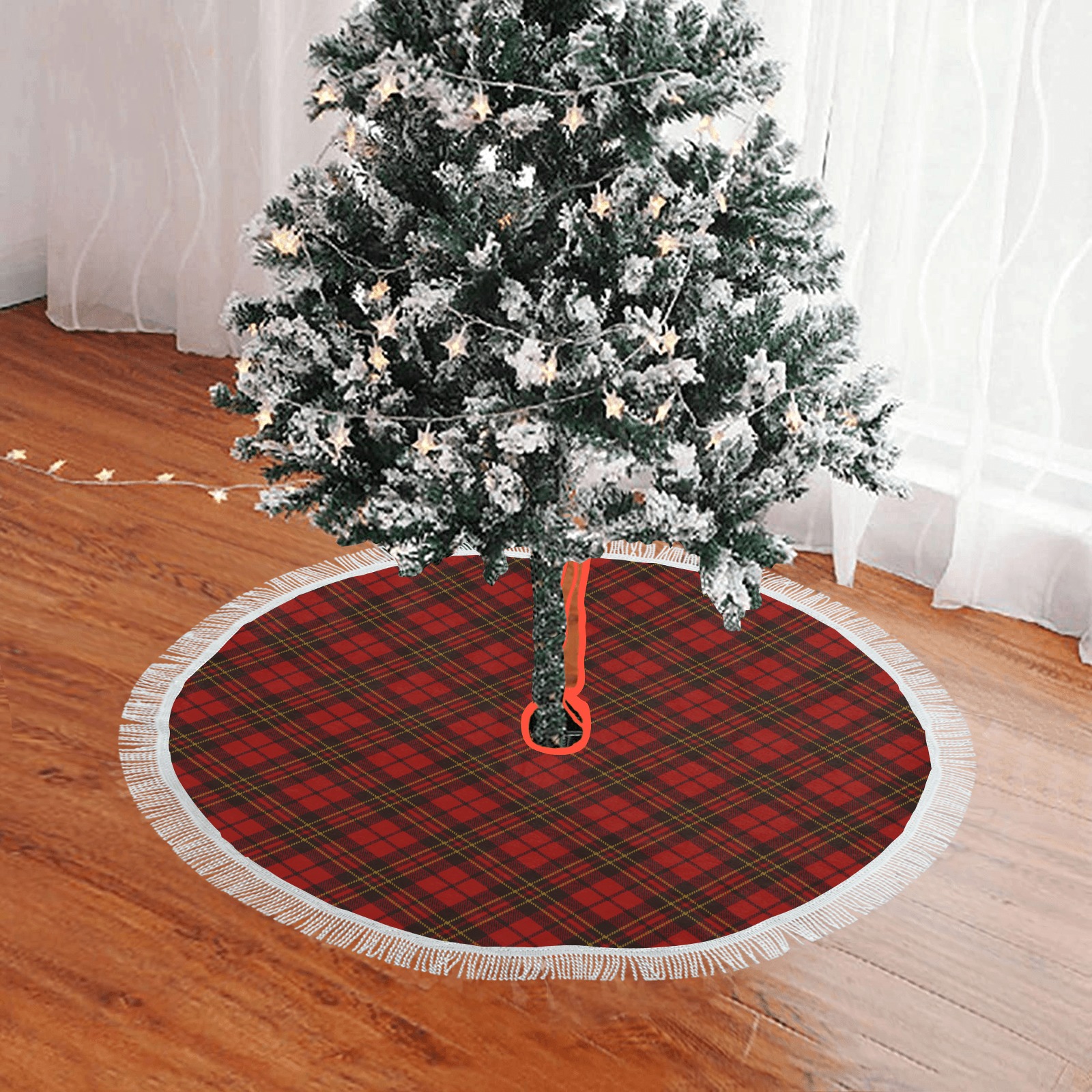 Red tartan plaid winter Christmas pattern holidays Thick Fringe Christmas Tree Skirt 30"x30"