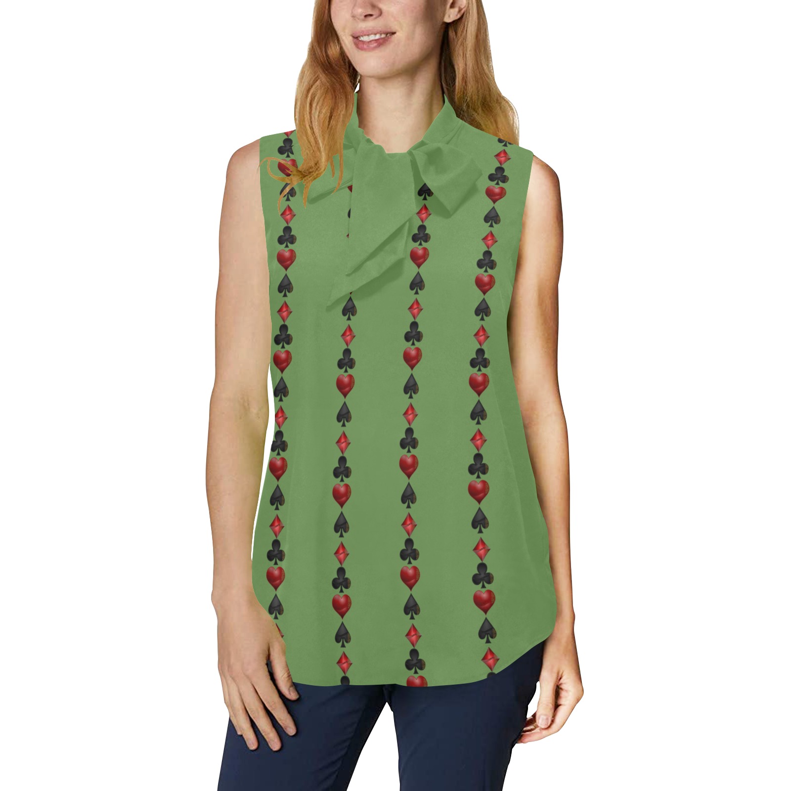 Black Red Playing Card Shapes - Green Women's Bow Tie V-Neck Sleeveless Shirt (Model T69)