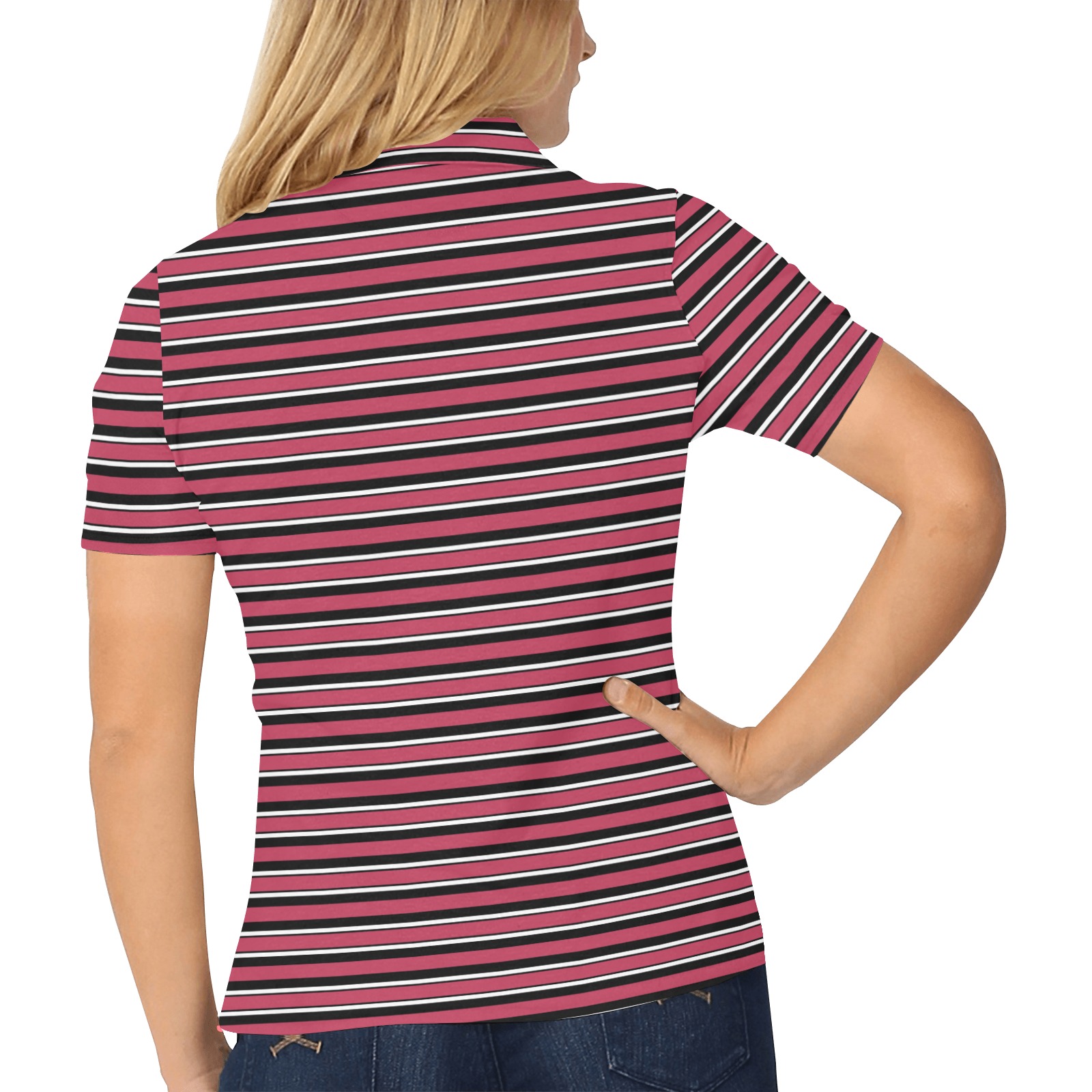Magenta, Black and White Stripes Women's All Over Print Polo Shirt (Model T55)