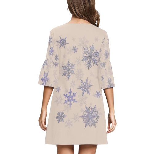 snowflakes redux seamless beige Half Sleeves V-Neck Mini Dress (Model D63)