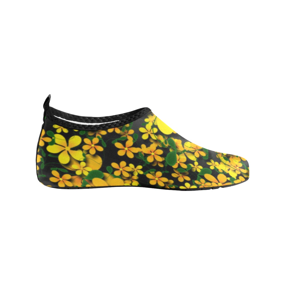Orange & Yellow Flowers on Black Kids' Slip-On Water Shoes (Model 056)