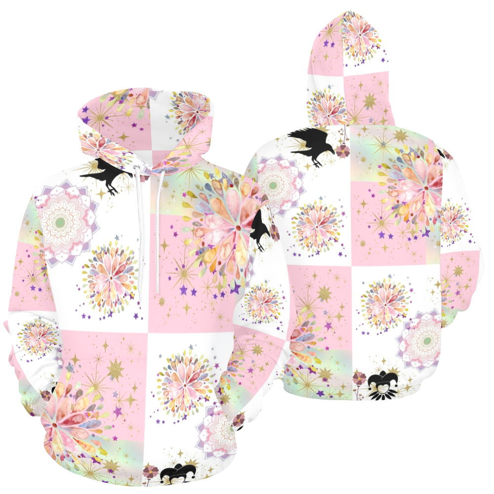 Secret Garden With Harlequin and Crow Patch Artwork All Over Print Hoodie for Women (USA Size) (Model H13)