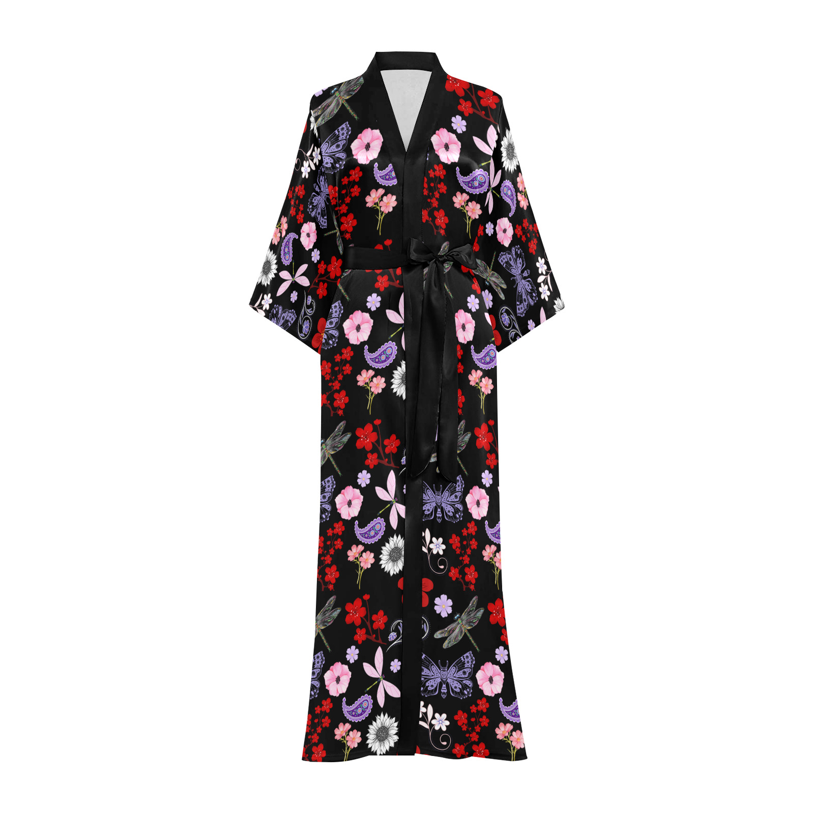Black, Red, Pink, Purple, Dragonflies, Butterfly and Flowers Design Long Kimono Robe