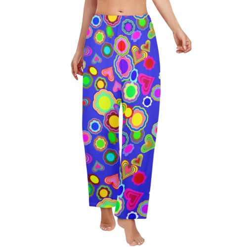 Groovy Hearts and Flowers Blue Women's Pajama Trousers without Pockets