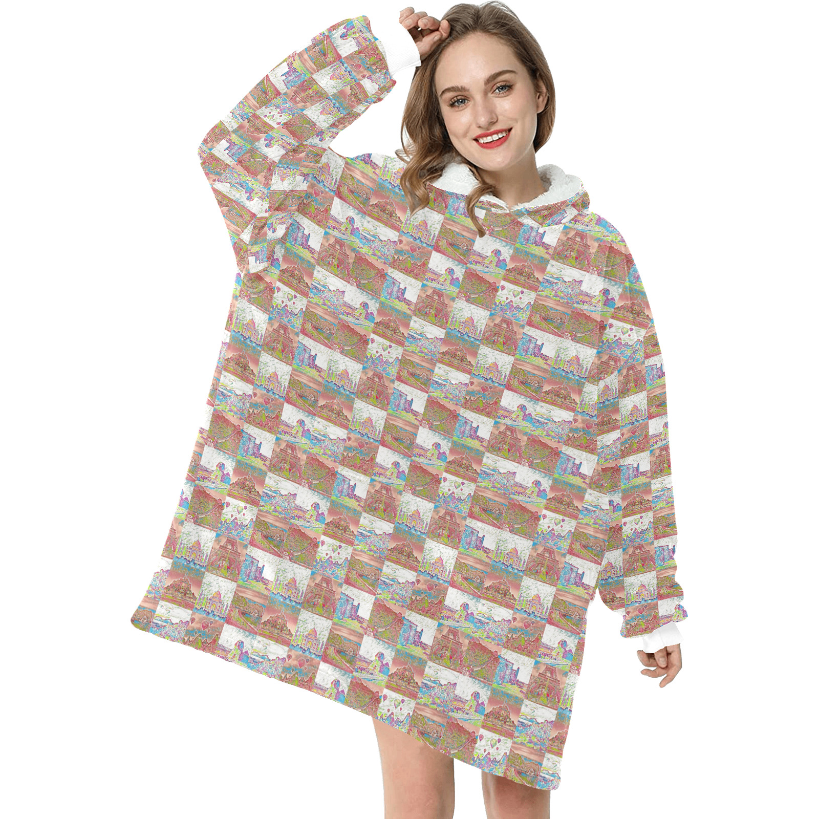Big Pink and White World travel Collage Pattern Blanket Hoodie for Women