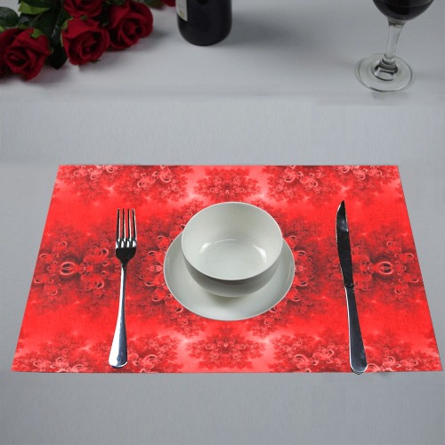 Fiery Red Rose Garden Frost Fractal Placemat 12’’ x 18’’ (Set of 6)