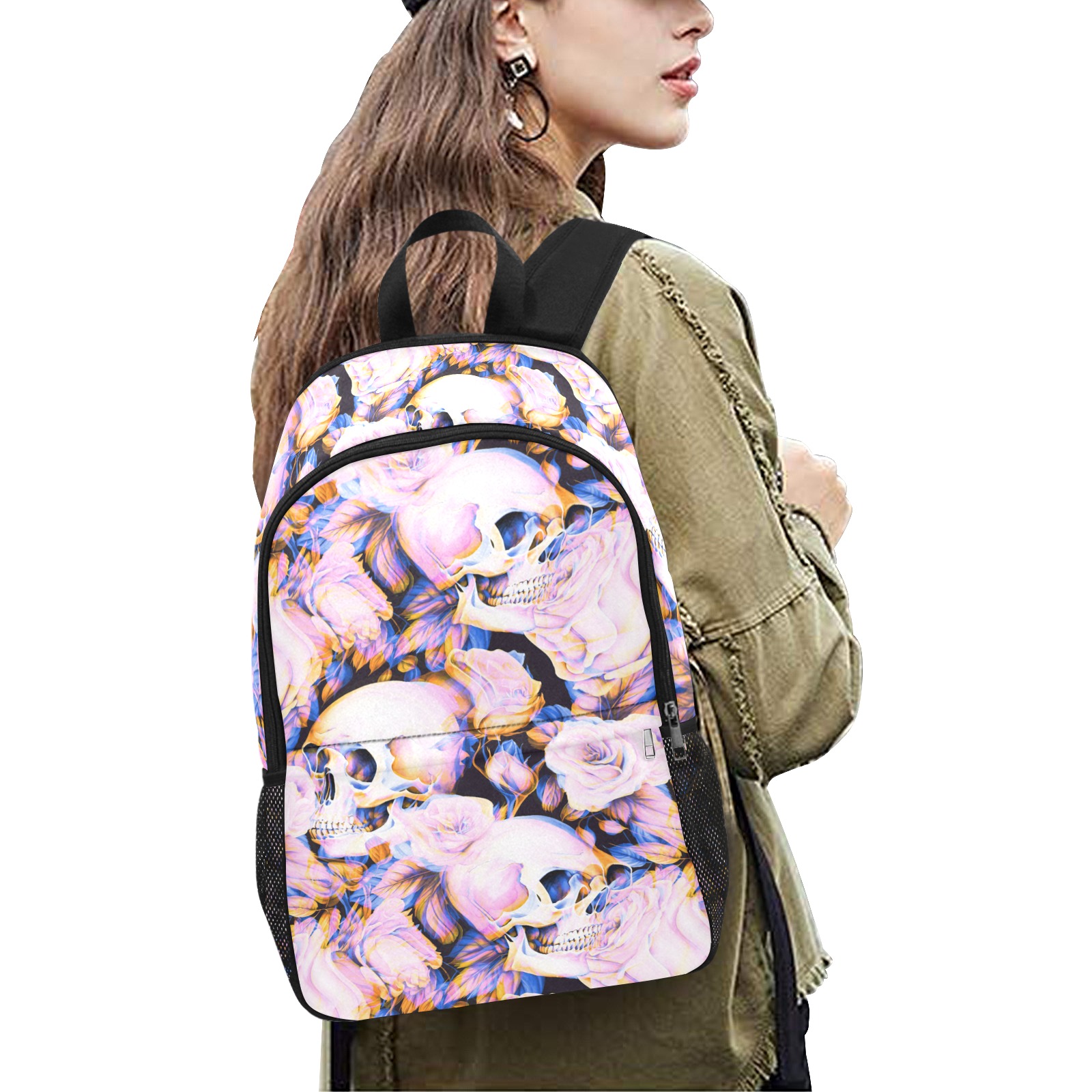 Psychedelic Pink Skull Fabric Backpack with Side Mesh Pockets (Model 1659)