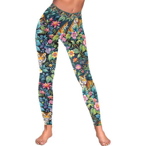 Jungle Tigers and Tropical Flowers Pattern Women's Low Rise Leggings (Invisible Stitch) (Model L05)