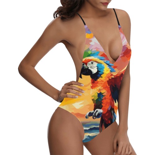 A colorful parrot by the sea at ocean sunset. Sexy Lacing Backless One-Piece Swimsuit (Model S10)
