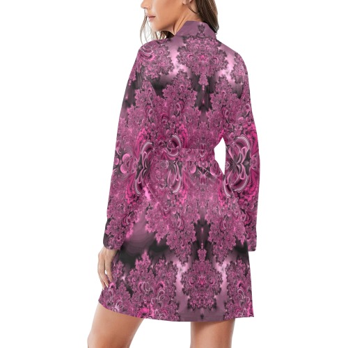 Pink Azalea Bushes Frost Fractal Women's Long Sleeve Belted Night Robe