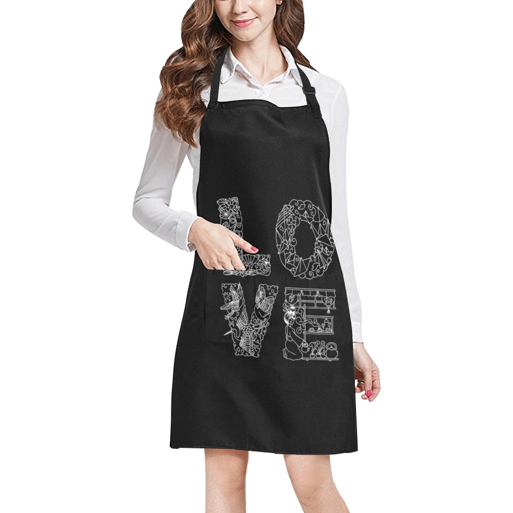 White word LOVE in Japanese-styled decorative font All Over Print Apron