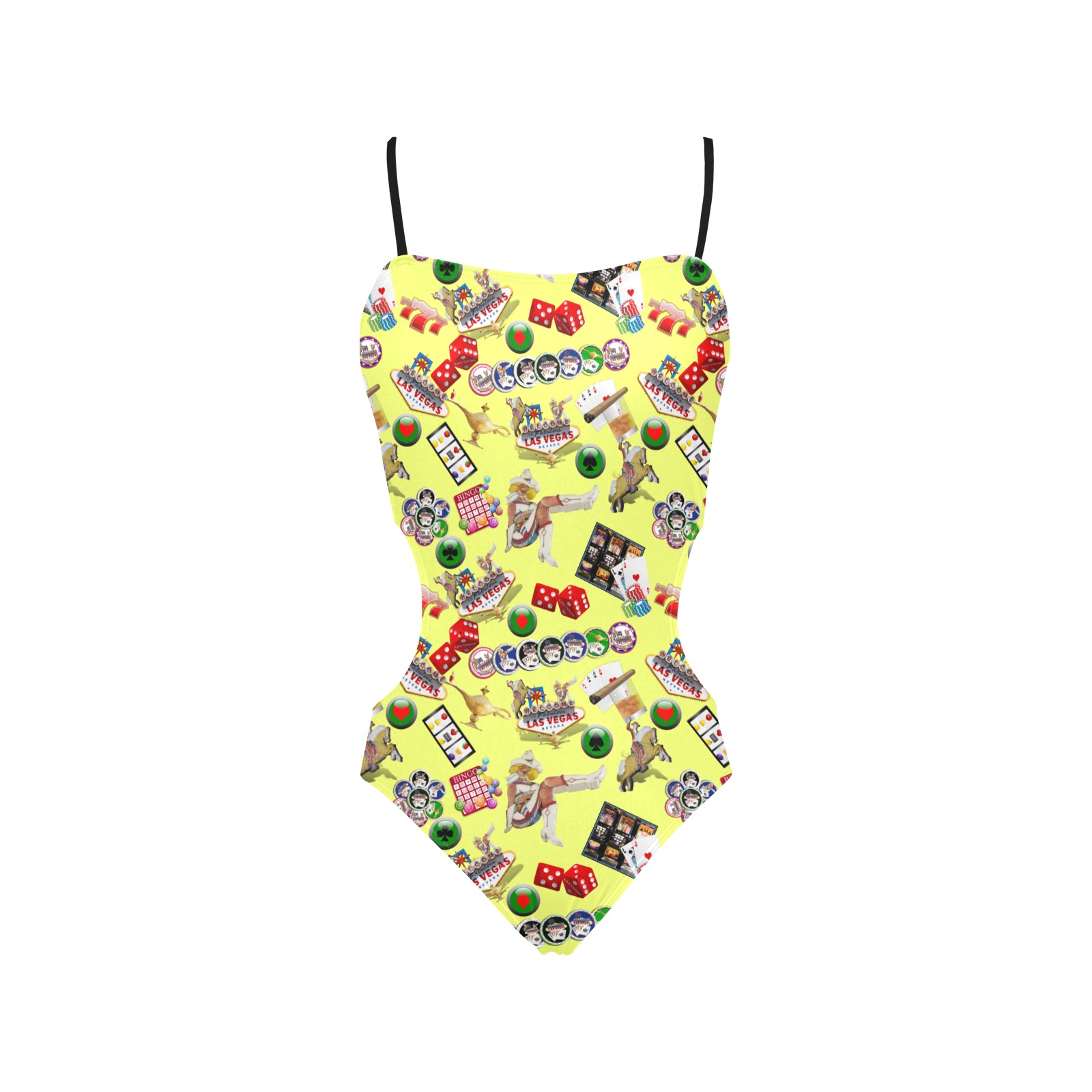 Las Vegas Icons Gamblers Delight / Yellow Spaghetti Strap Cut Out Sides Swimsuit (Model S28)