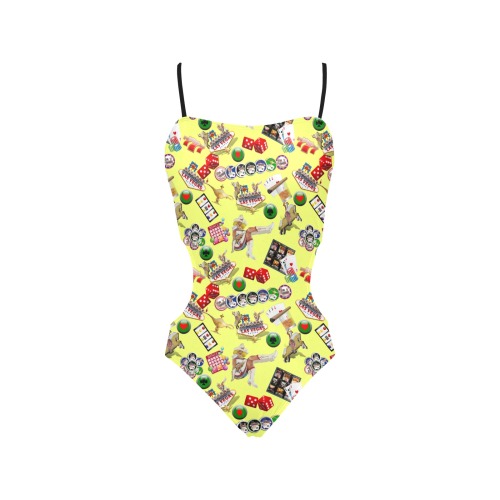 Las Vegas Icons Gamblers Delight / Yellow Spaghetti Strap Cut Out Sides Swimsuit (Model S28)