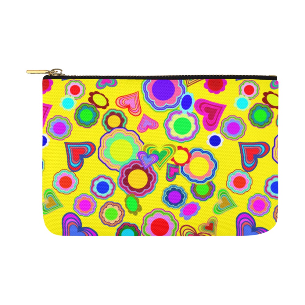 Groovy Hearts and Flowers Yellow Carry-All Pouch 12.5''x8.5''
