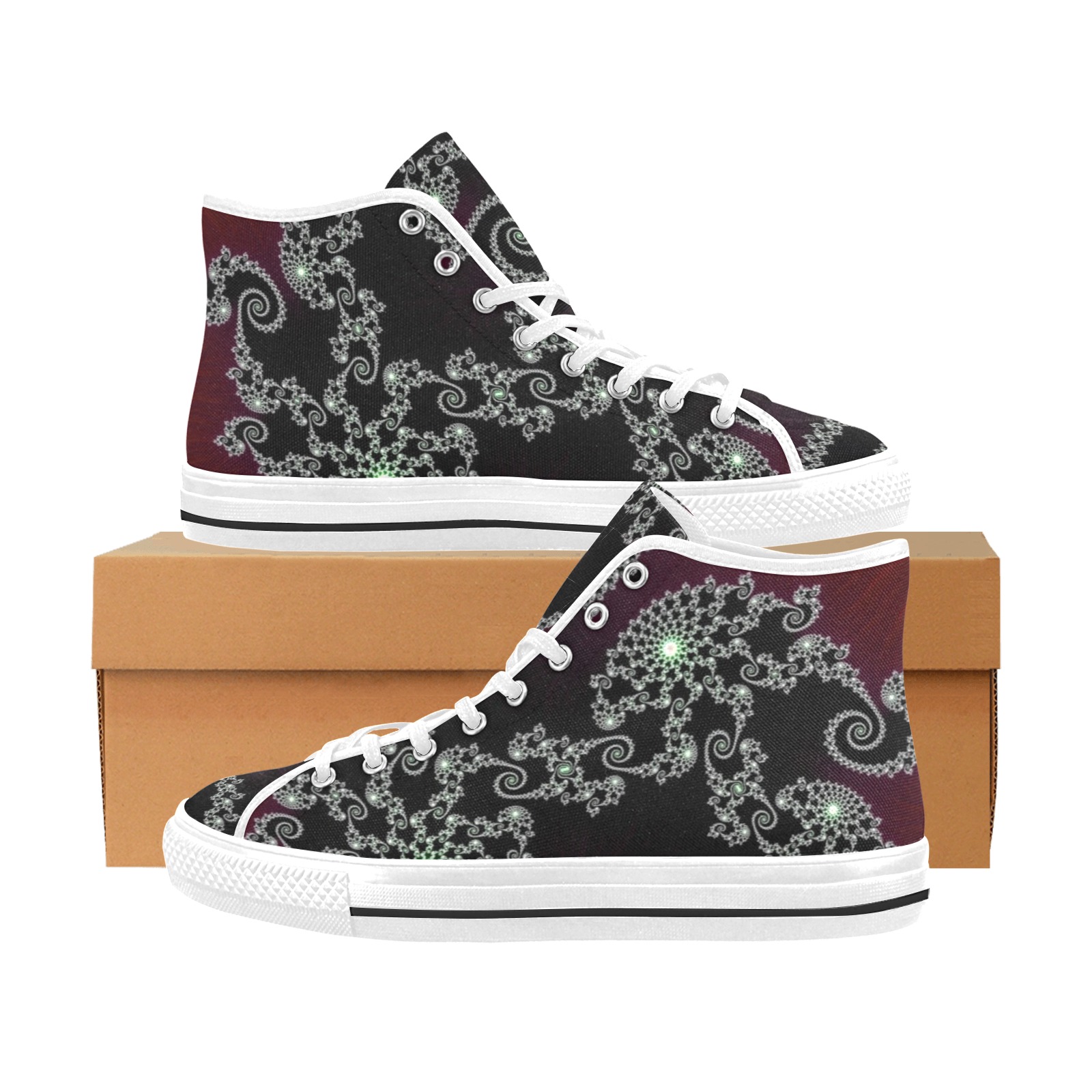 Black and White Lace on Maroon Velvet Fractal Abstract Vancouver H Women's Canvas Shoes (1013-1)