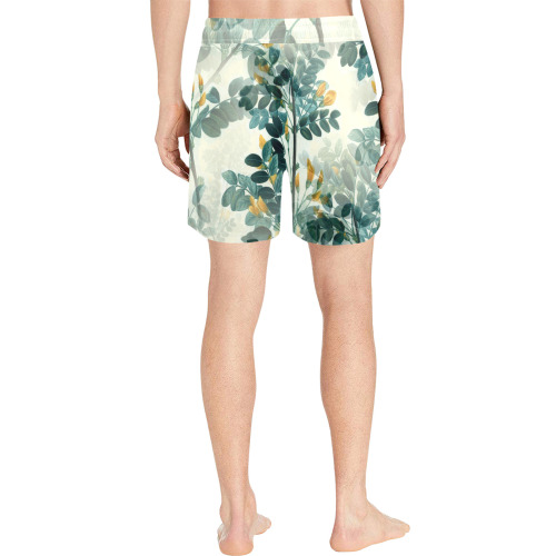 Vintage Yellow Floral Leaf Branch Plant Men's Mid-Length Swim Shorts (Model L39)