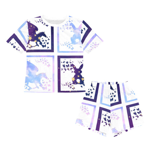 Bunny and Pegasus Together in Blue Patchwork Design Little Boys' Short Pajama Set