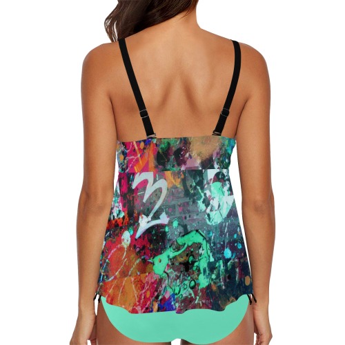 Graffiti and Paint Splatter - Aqua Chest Drawstring Swim Dress (Model S30)