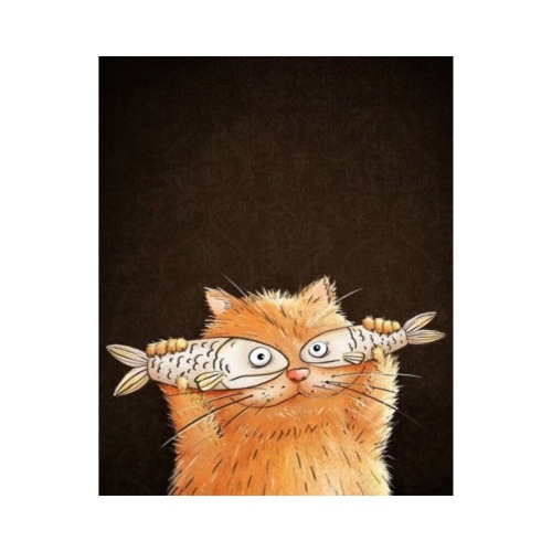 Funny Cat Holding Fish Wood Print 8"x10"