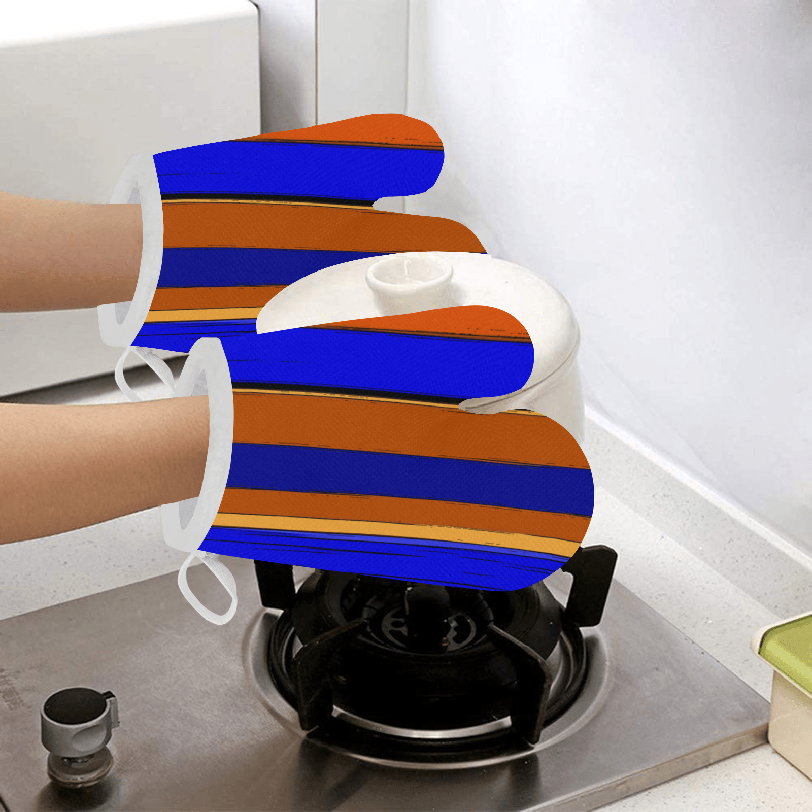 Abstract Blue And Orange 930 Linen Oven Mitt (Two Pieces)